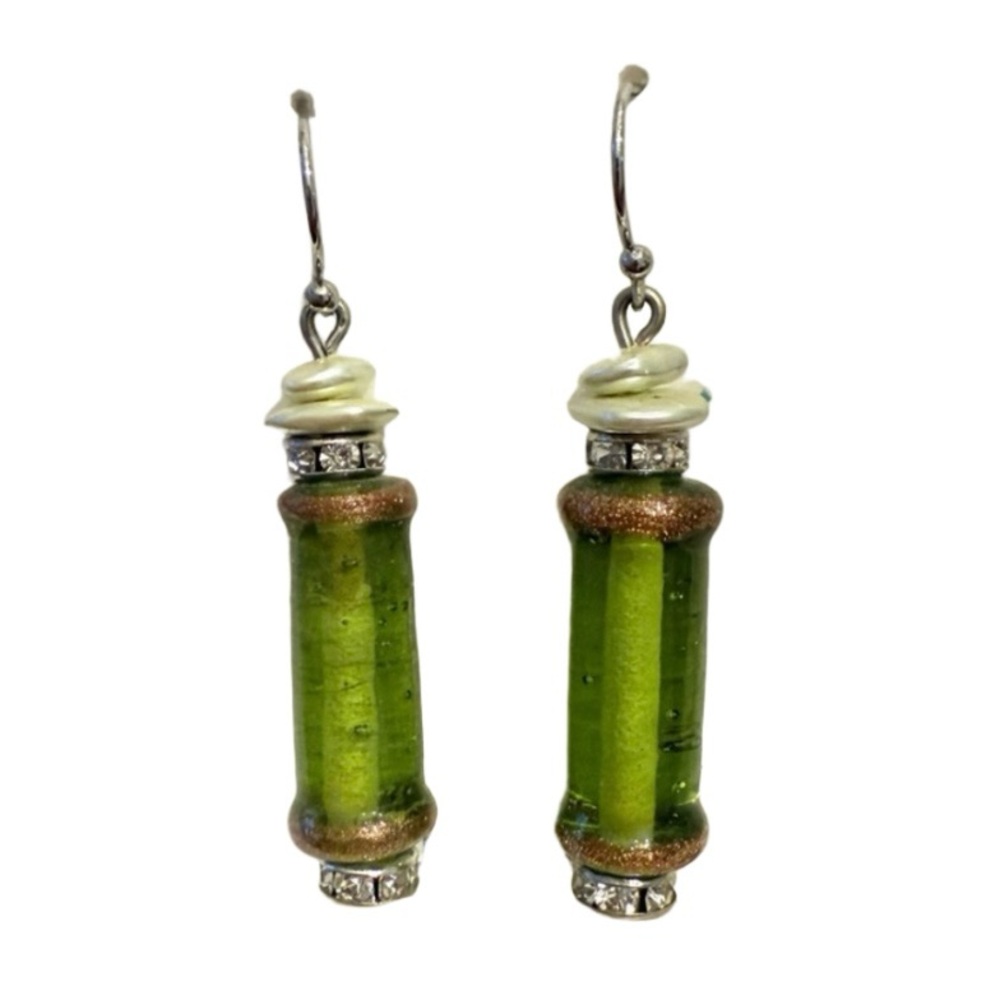 Handmade Blown Glass and Crystal Green and Silver Earrings
